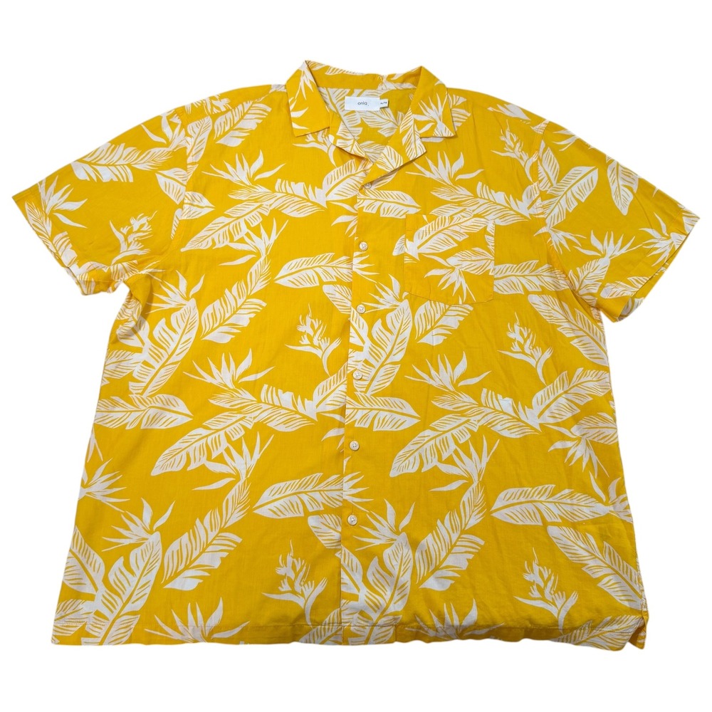 Onia Mens XL Yellow Tropical Leaf Print Short Sleeve Camp Collar Vacation Shirt
